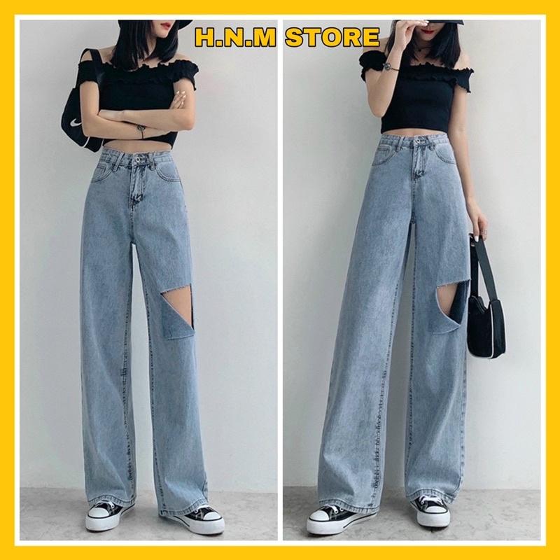 ( giá sỉ) Quần jean nữ ống rộng rách đùi màu xanh thời trang H.N.M STORE