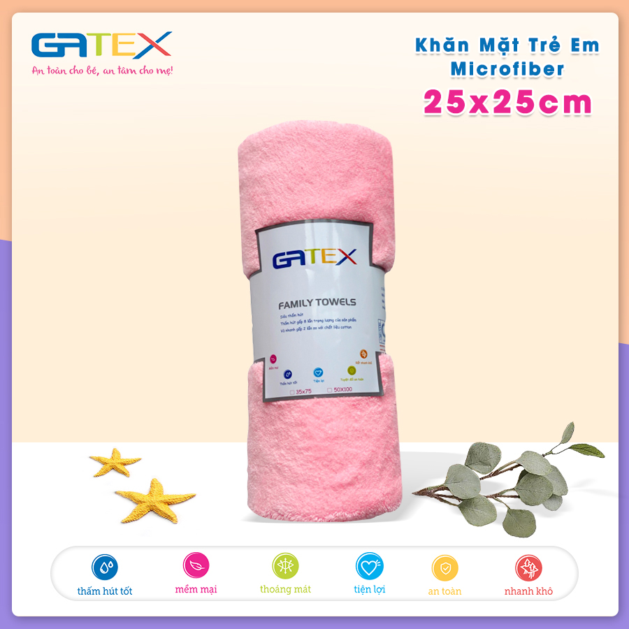 Set Combo Khăn Mặt Trẻ Em Microfiber 25x25cm GATEX Siêu Mềm Mịn, Siêu Thấm Hút