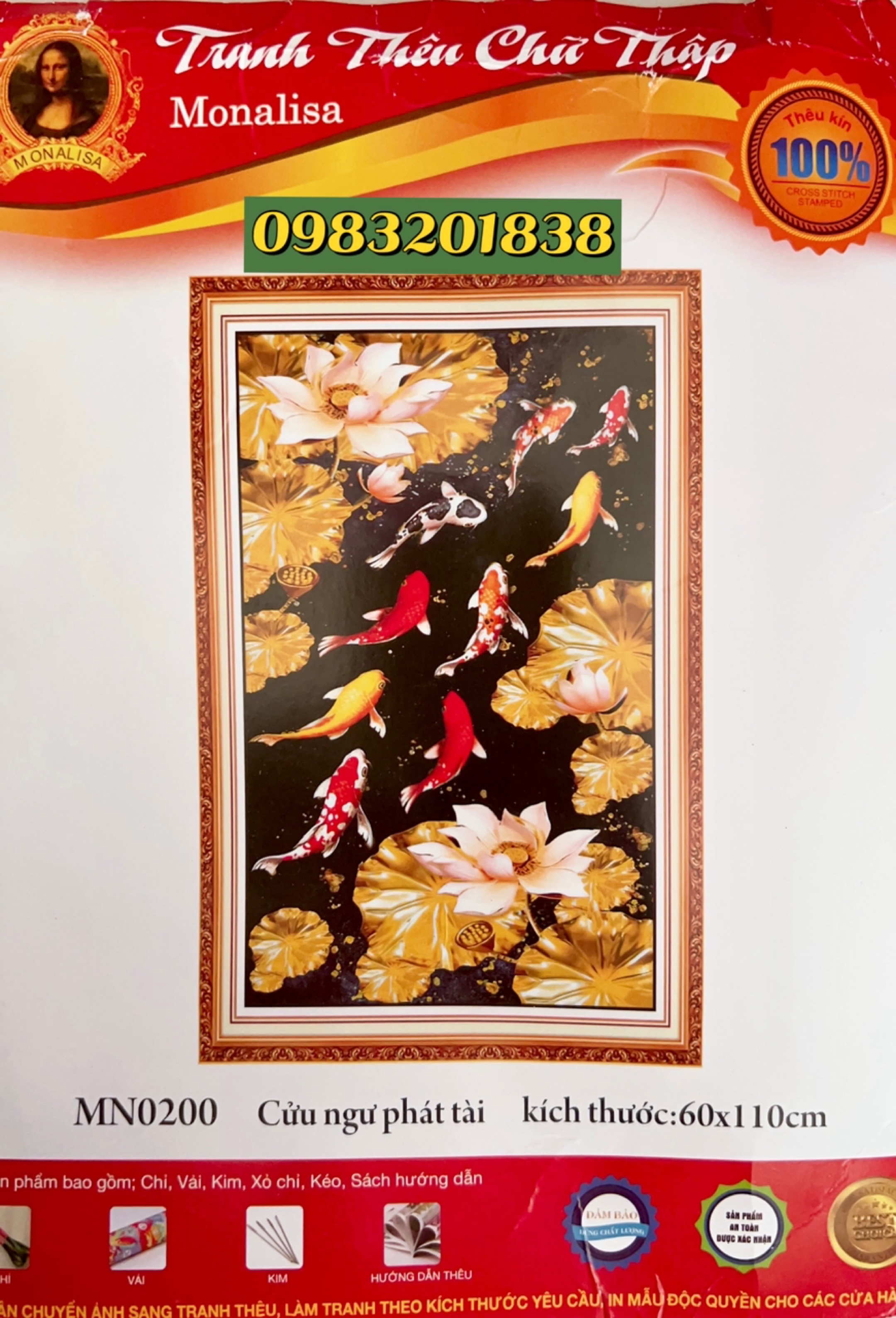 Tranh thêu chữ thập cửu ngư phát tài, tranh thêu kín kích thước 110 x 60 cm