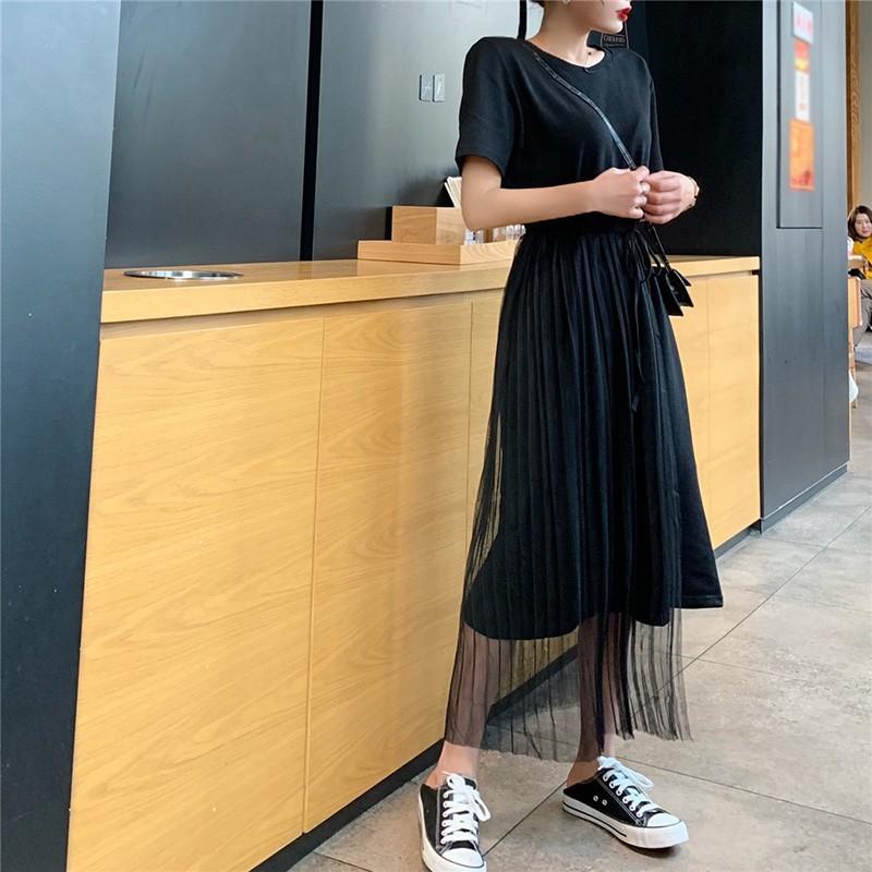 Đầm chữ A cổ tròn tay ngắn phối lưới thiết kế thanh lịch