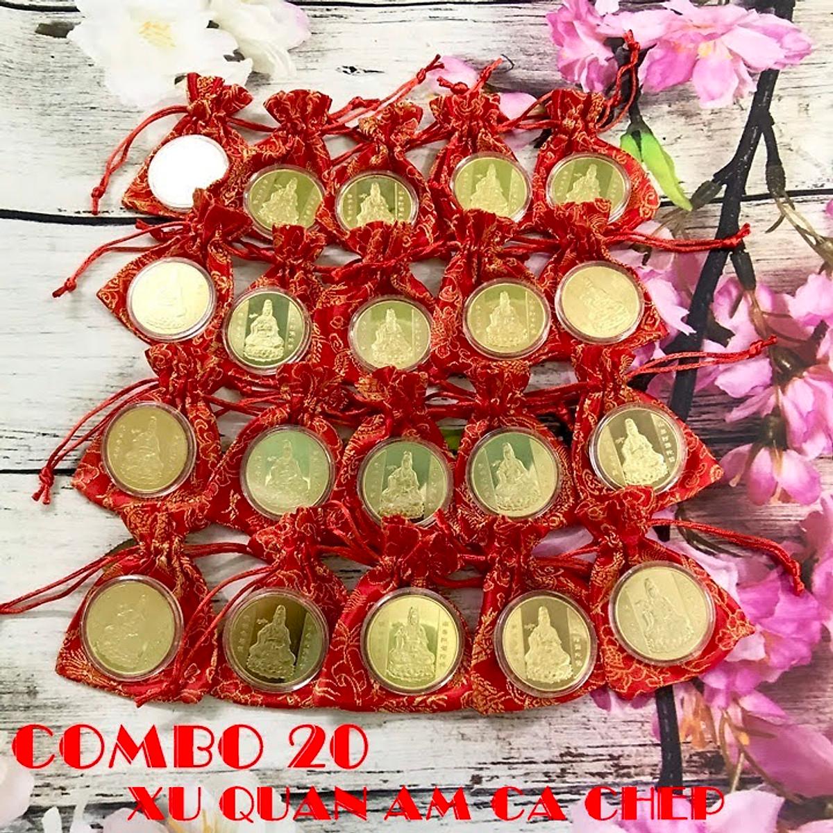 Combo 20 xu Quan Âm màu vàng Cá Chép tặng kèm túi gấm , dùng để làm quà tặng, biếu - ECOINS