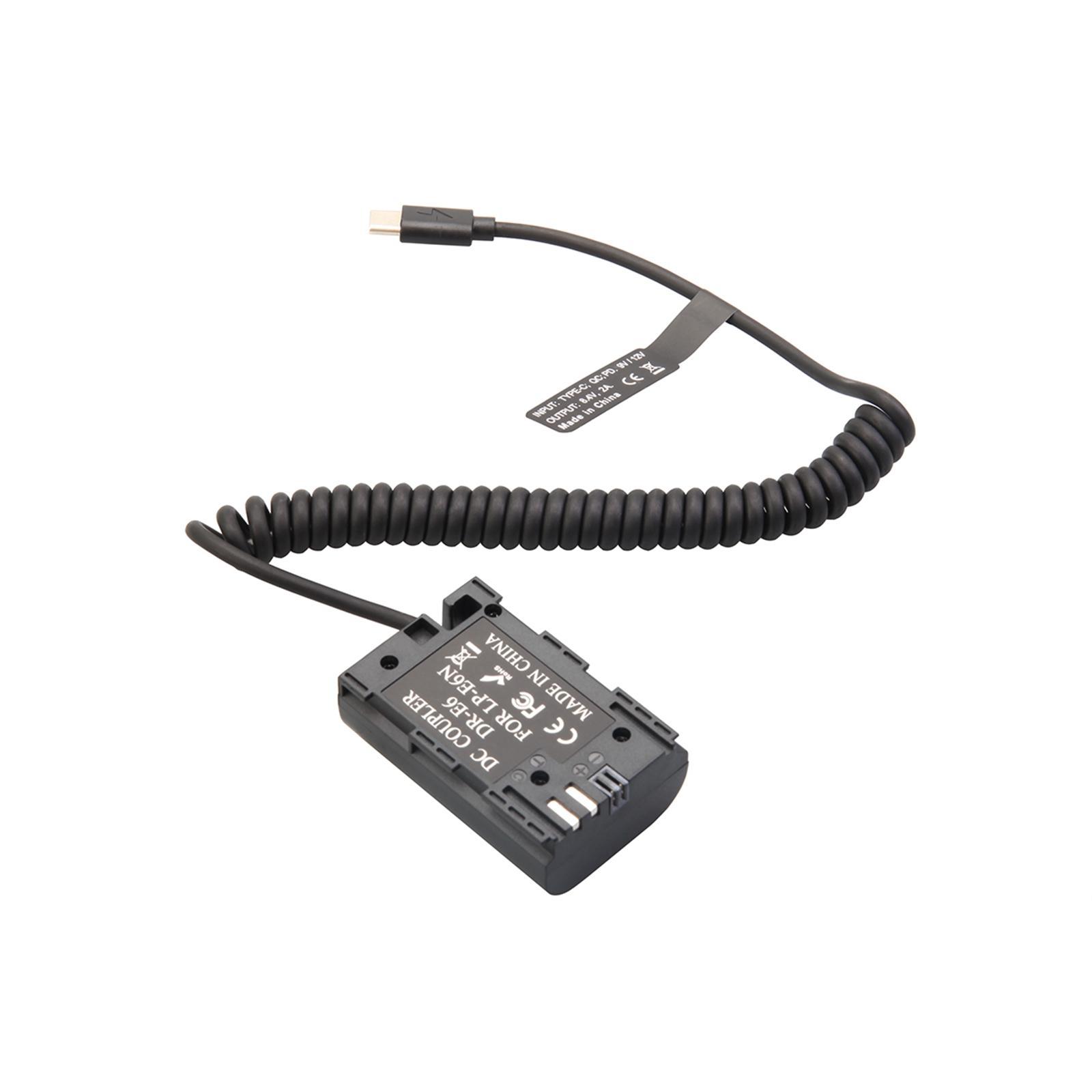 Dummy Battery Adapter Spring Cable, Type C/Usb-C to LP E6 for R R5 R6 90D 5D Mark II III IV