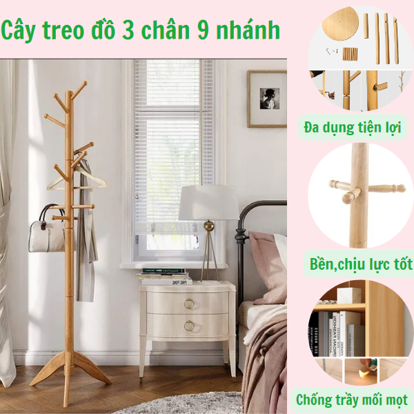 Cây treo quần áo 3 chân 9 nhánh-cây treo đồ bằng gỗ cao su thiên nhiên chịu tải trọng đến 30kg