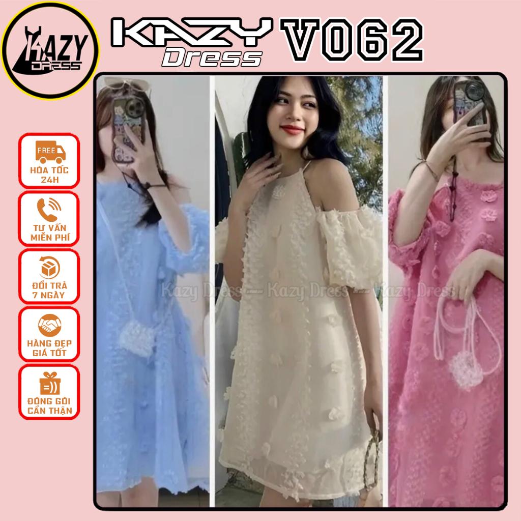 Váy cổ yếm trễ vai tay bồng phối hoa tiểu thư nhẹ nhàng KAZY DRESS V062