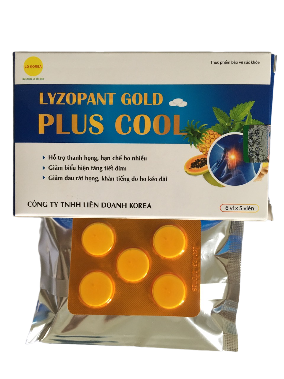 Viên ngậm giảm ho "Lyzopant Gold Plus Cool" (hộp/30 viên) hỗ trợ thanh họng, hạn chế ho nhiều, giảm biểu hiện tăng tiết đờm, giảm đau rát họng, khản tiếng do ho kéo dài.