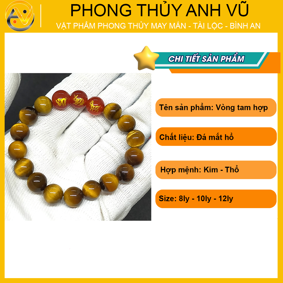 Vòng tay con giáp tam hợp hợi mão mùi đã khai quang - chất liệu mắt hổ vàng nâu tự nhiên - size 8 10 12ly - may mắn tài lộc - Vòng Tam Hợp Anh Vũ
