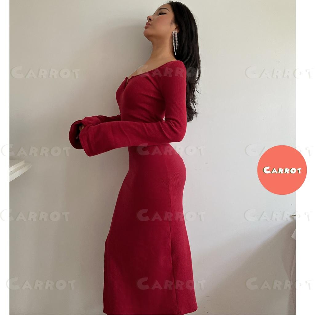 Đầm body tay dài đỏ đi tiệc sang chảnh tôn dáng khoét ngực sexy freesize chất co gĩan carrotxinhdep