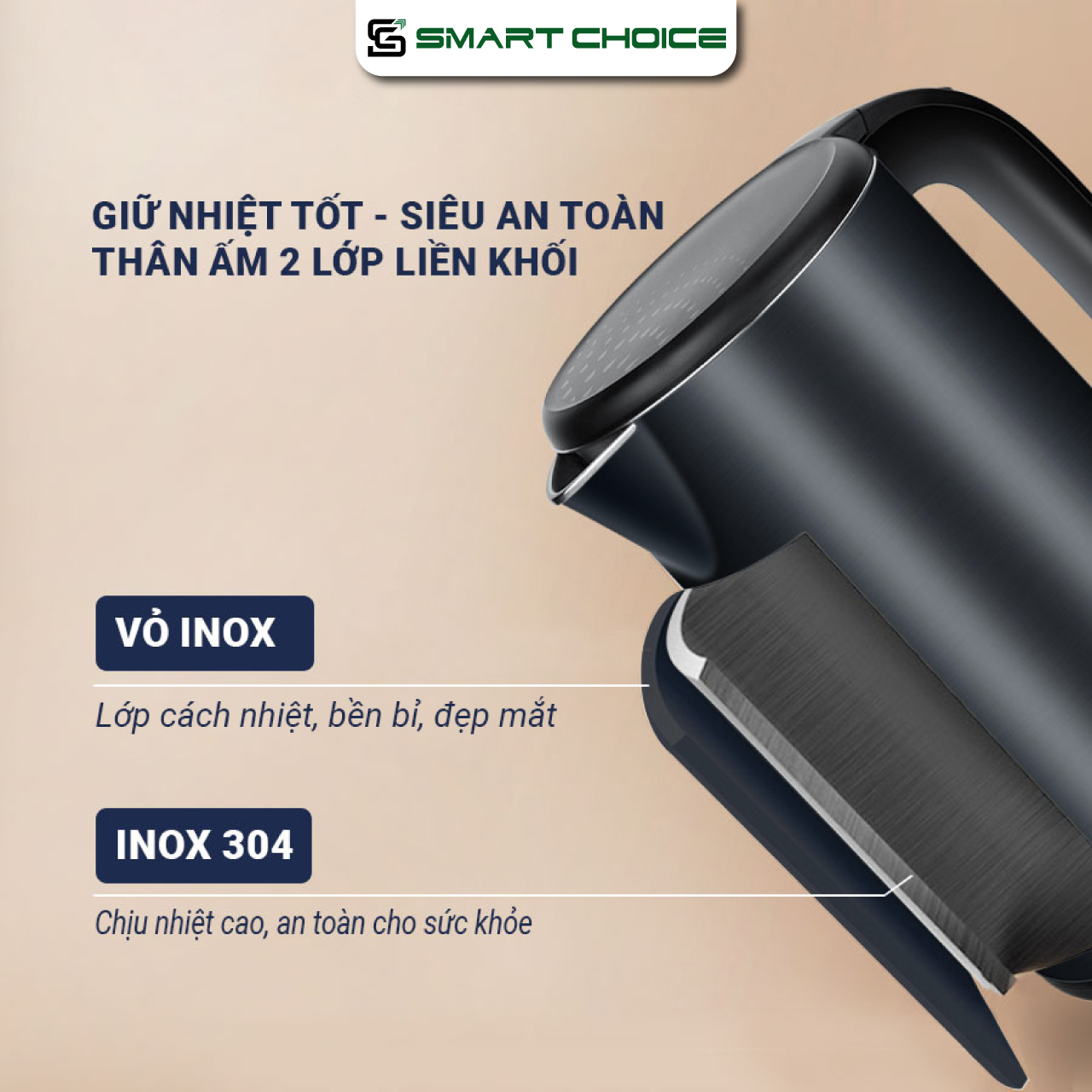 Ấm Siêu Tốc Điện SMARTCHOICE SCG-K005 1.8L 1800W, 3 Lớp Cách Nhiệt, Sôi Nhanh BH 18 Tháng Hàng Chính Hãng