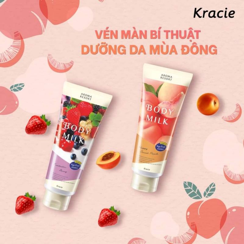 Kem Dưỡng Thể Kracie Aroma Resort Body Milk Happy Sweet Peach Dưỡng Ẩm Da Hương Quả Đào 200g (Bị Trầy Vỏ)