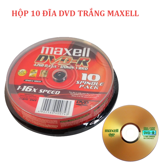 Đĩa DVD trắng Maxell, 1 hộp 10 đĩa, hàng chính hãng, hộp nguyên seal - Hàng chính hãng