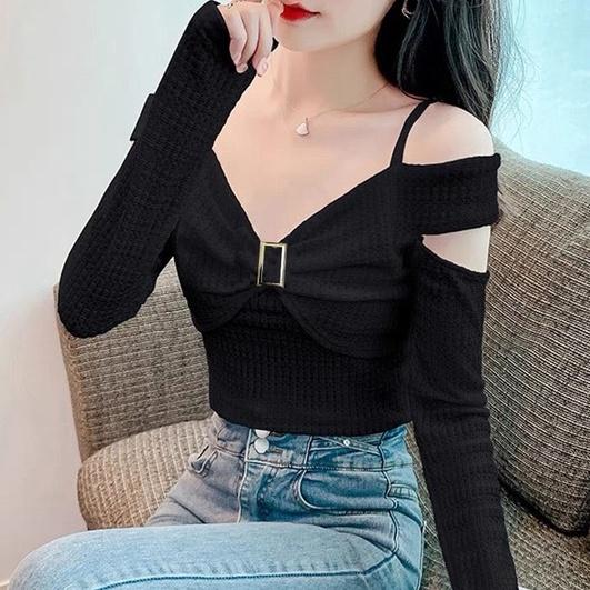 Áo croptop tay dài HAGA áo trễ vai nơ ngực sang trọng ATVN70