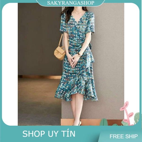 HÀNG NHẬP - ĐẦM CHẤM BI ĐUÔI CÁ MÀU XANH