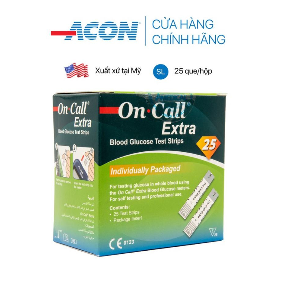 Hộp 25 Que thử đường huyết On Call Extra, NK chính ngạch, Tem niêm phong, nhãn phụ TV đẩy đủ
