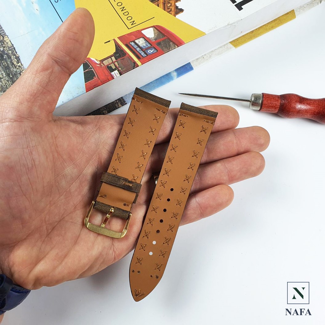 Dây đồng hồ nam handmade thủ công da bò sáp NAFA AL117 đường may bền bỉ, tinh tế