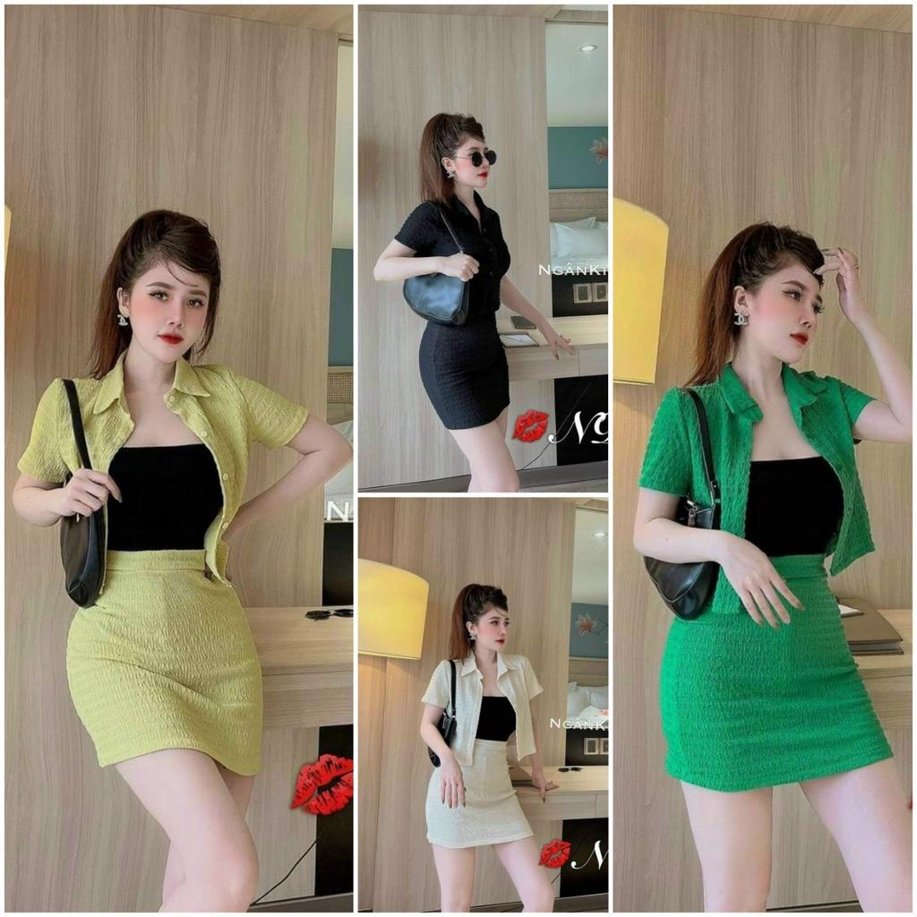 Sét 3 món áo sơmi phom ngắn kèm chân váy  + áo trong