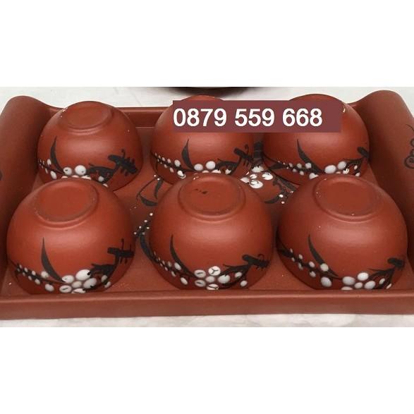 Bộ 6 chén gốm tử sa hoa đào, có khay đồng bộ
