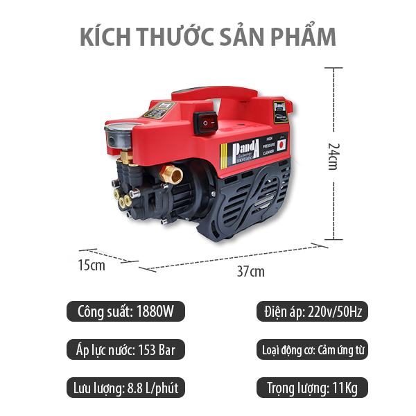 Máy Rửa Xe Panda PD-368, 1880W, máy phun áp lực dùng cho gia đình, công nghệ Nhật Bản