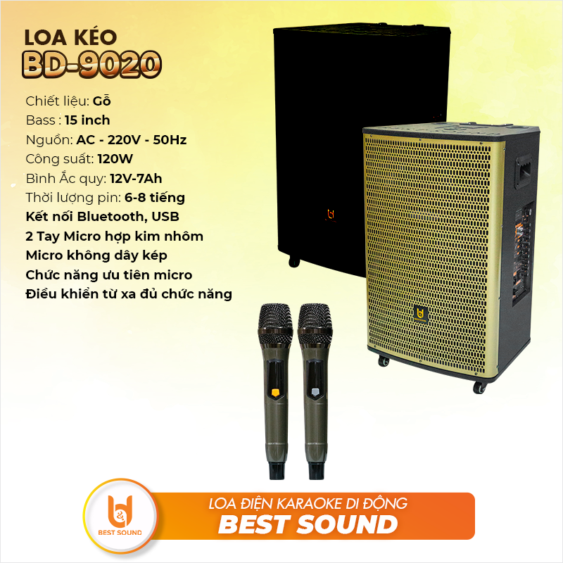 [ 2 MICRO KHÔNG DÂY UHF + REMOTE ] Loa Kéo Gỗ Bluetooth B&amp;D, Công Suất 120W, Bass 15 Inch - Hàng Chính Hãng