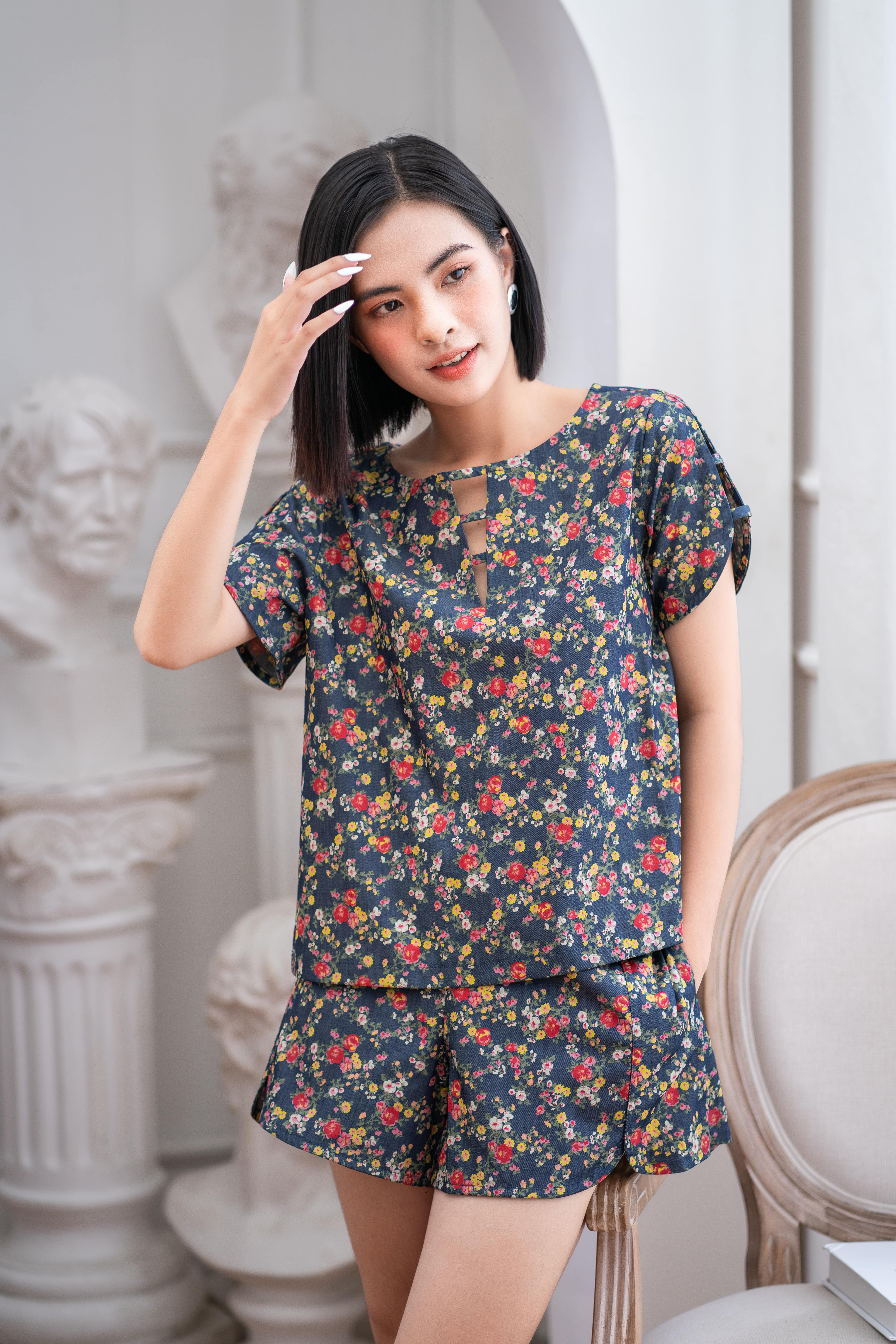 Đồ bộ đùi có tay đan dây nhiều hoa