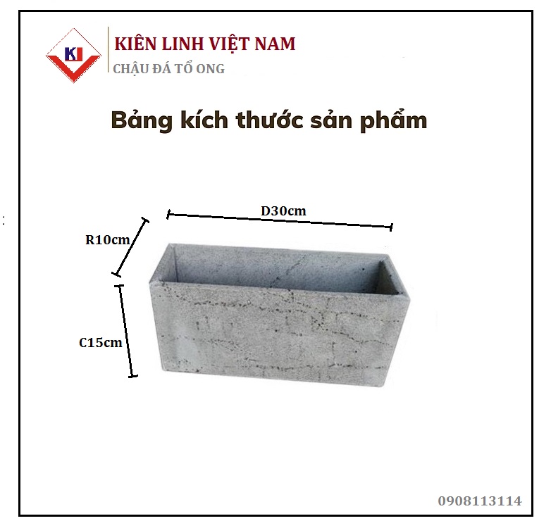 Chậu treo tường trồng cây Dài 30xR10xC15cm đá ong xám tự nhiên, hình chữ nhật, màu xám nhạt trồng hoa ốp tường xinh xắn