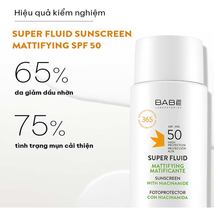 Kem chống nắng BABE Super Fluid Mattifying sunscreen SPF 50 phổ rộng, kiểm soát dầu 50ml