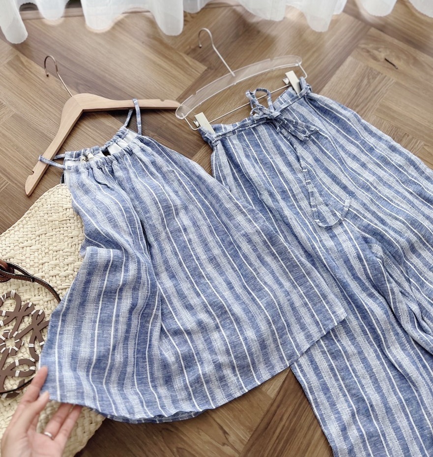 SET ÁO 2 DÂY YẾM SUÔNG TRƠN SÁT NÁCH CROPTOP + QUẦN DÀI ỐNG RỘNG LƯNG CAO SỌC JUMPSUIT ĐI BIỂN DẠO PHỐ ĐI CHƠI ĐI TIỆC