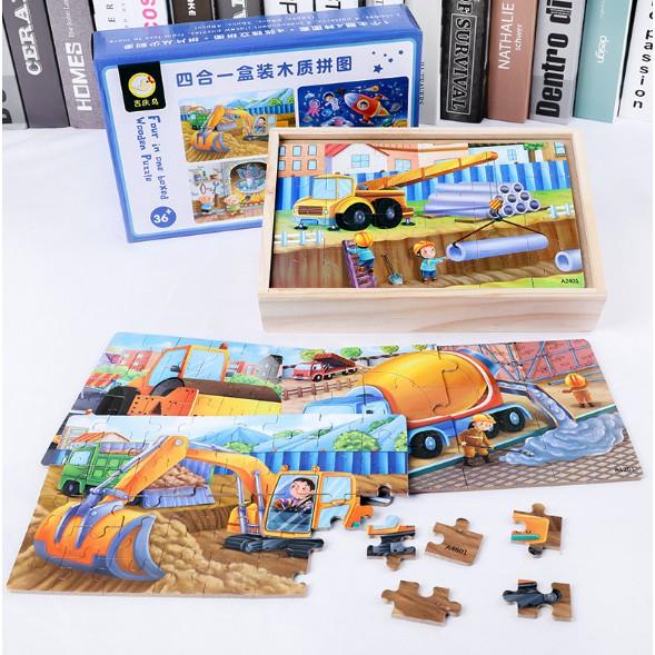 Đồ chơi ghép xếp hình 4 cấp độ Puzzle 4 trong 1 gồm bộ 12, 24, 36, 48 miếng chi tiết trong 1 hộp gỗ cao cấp cho bé