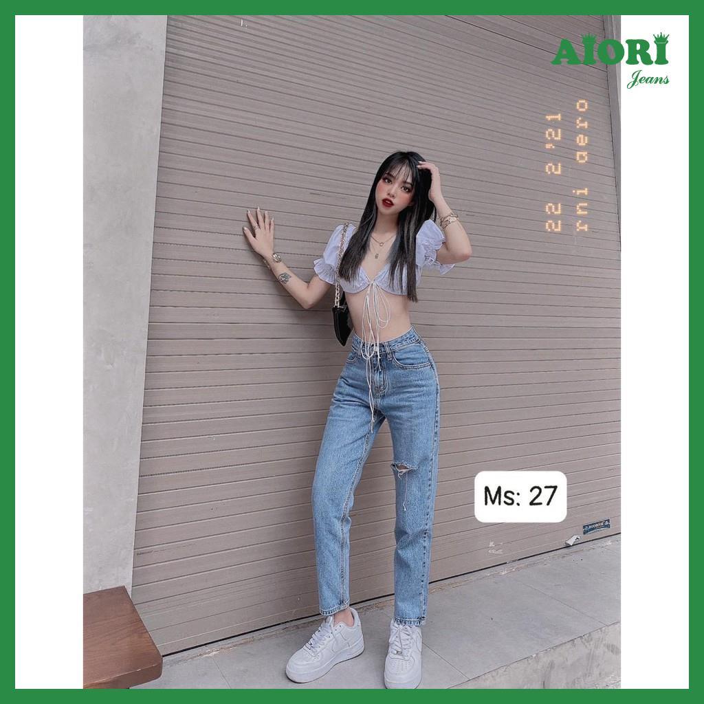 Quần Jean Nữ Aiori Lưng Cao Baggy Bò Trơn Rách Gối Phong Cách Thời Trang - Mã 132