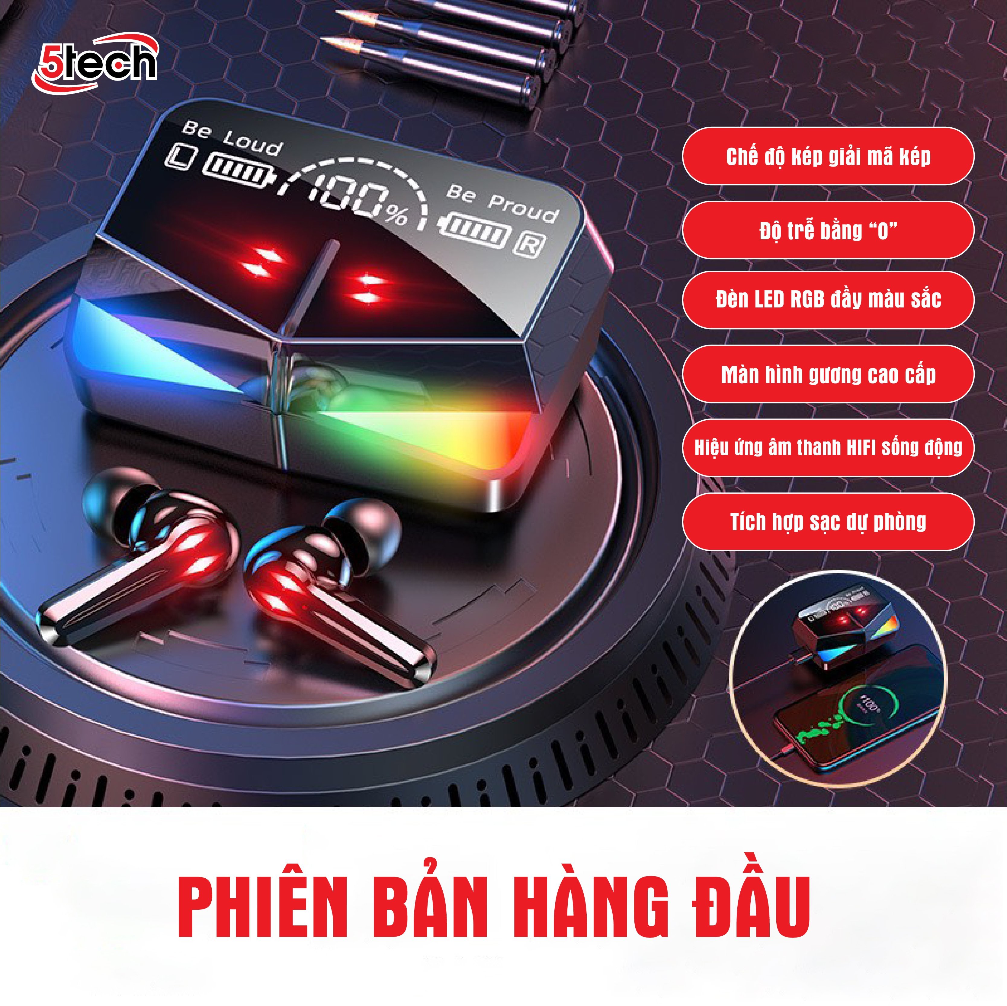 Tai nghe bluetooth gaming monster 5TECH hàng chính hãng, tai phone không dây pin trâu với màn hình LED RGB tráng gương nghe nhạc cưc hay