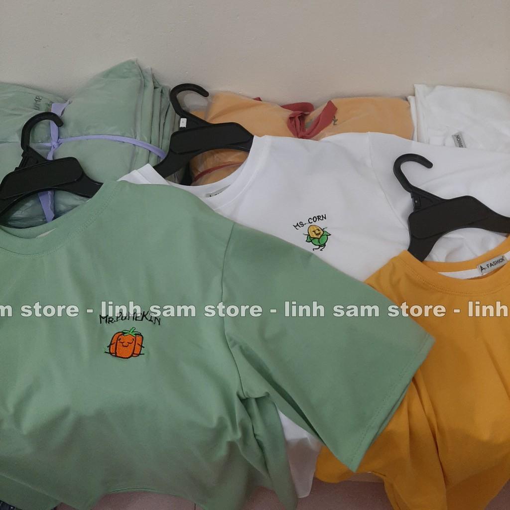 Áo thun nữ tay lỡ freesize - phông form rộng dáng Unisex, mặc lớp, nhóm, cặp, lớp thêu hình rau củ