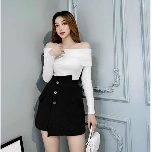 Sét Áo Trễ Vai Chất Tăm Siêu Mịn Áo Tay Dài Phối Váy For Cài Nút Thật Thời Trang Nữ Phù Hợp Mọi Phong Cách