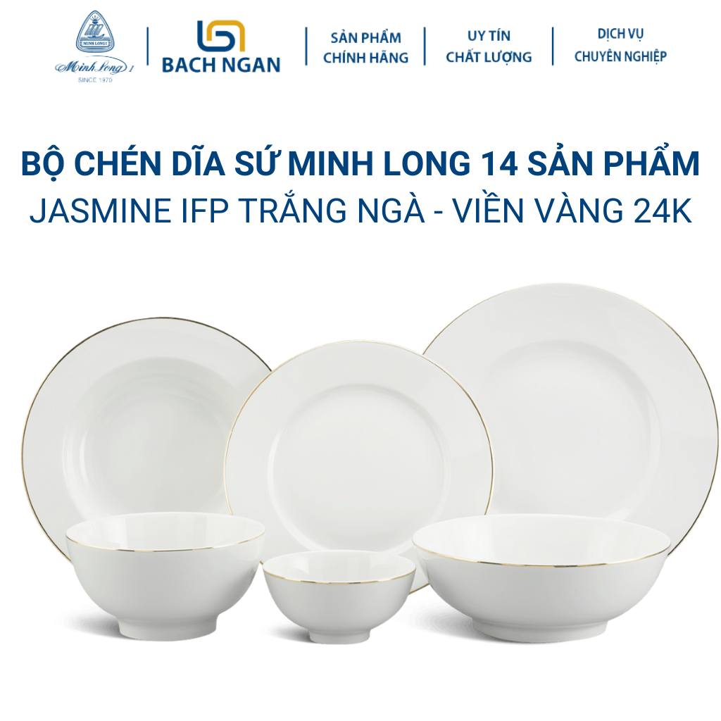 Bộ chén dĩa sứ Minh Long 14 sản phẩm Jasmine IFP Viền Chỉ Vàng dùng cho gia đình, sứ đẹp cao cấp dùng đãi khách, tặng quà tân gia