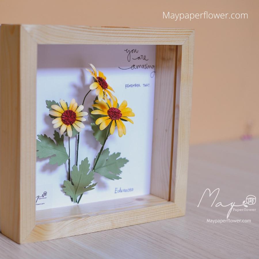 Tranh Hoa Giấy Handmade Trang Trí - Cúc Mỹ Echinacea Vàng MAYPAPERFLOWER Khung Gỗ Size 19x19cm
