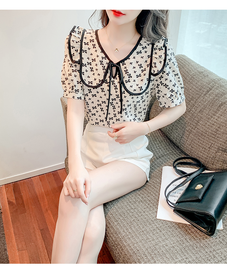 HÀNG QUẢNG CHÂU - ÁO KIỂU SƠ MI VOAN HOA NHÍ CỔ SEN THẮT NƠ VAI BÈO TIỂU THƯ - A66255