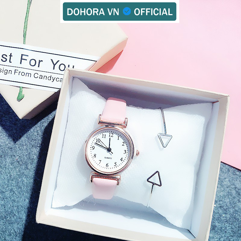 Đồng hồ nữ mặt nhỏ DOHORA VN DSDH108 dây da mặt tròn có số mẫu mới cực thanh lịch thời trang hot chống nước sinh hoạt nhẹ dây da dành cho học sinh cấp 2 sinh viên - Hàng nhập khẩu
