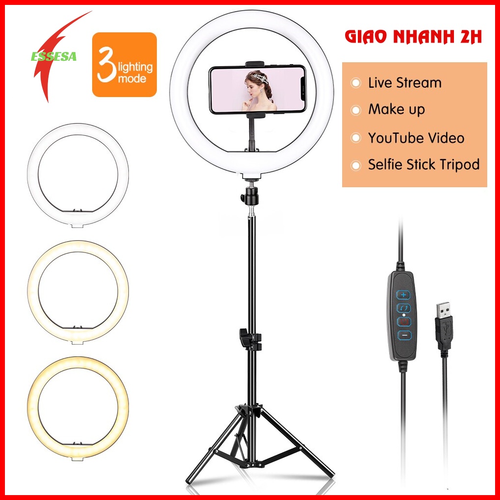 Đèn livestream/Đèn Led Trợ Sáng Essesa Chiếu Sáng Studio, Makeup, Quay Phim , Chụp Ảnh, Livetream, Selfie Kèm Kẹp Điện Thoại Tùy Chỉnh - Hàng Chính Hãng