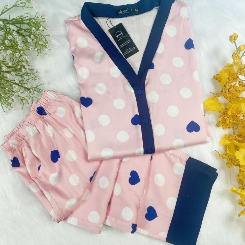 Đồ bộ pyjama nữ, đồ mặc nhà cao cấp VILADY - B103 kiểu cổ V tay dài quần dài họa tiết chấm Bi màu hồng, chất liệu lụa Pháp siêu mát