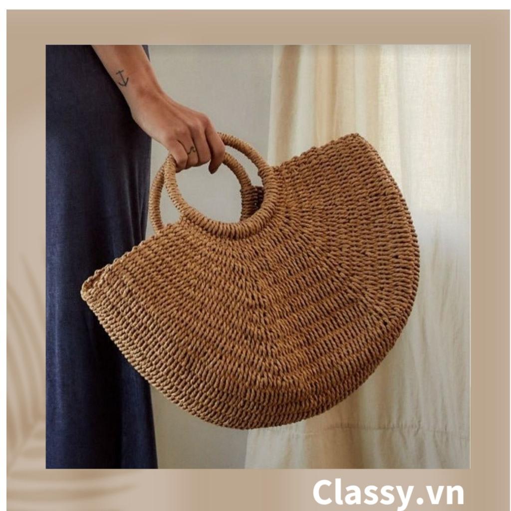 Túi cói Classy hình bán nguyệt kiểu dáng Vintage, có lớp lót trong rộng rãi phù hợp đi biển T324 (Không khăn)