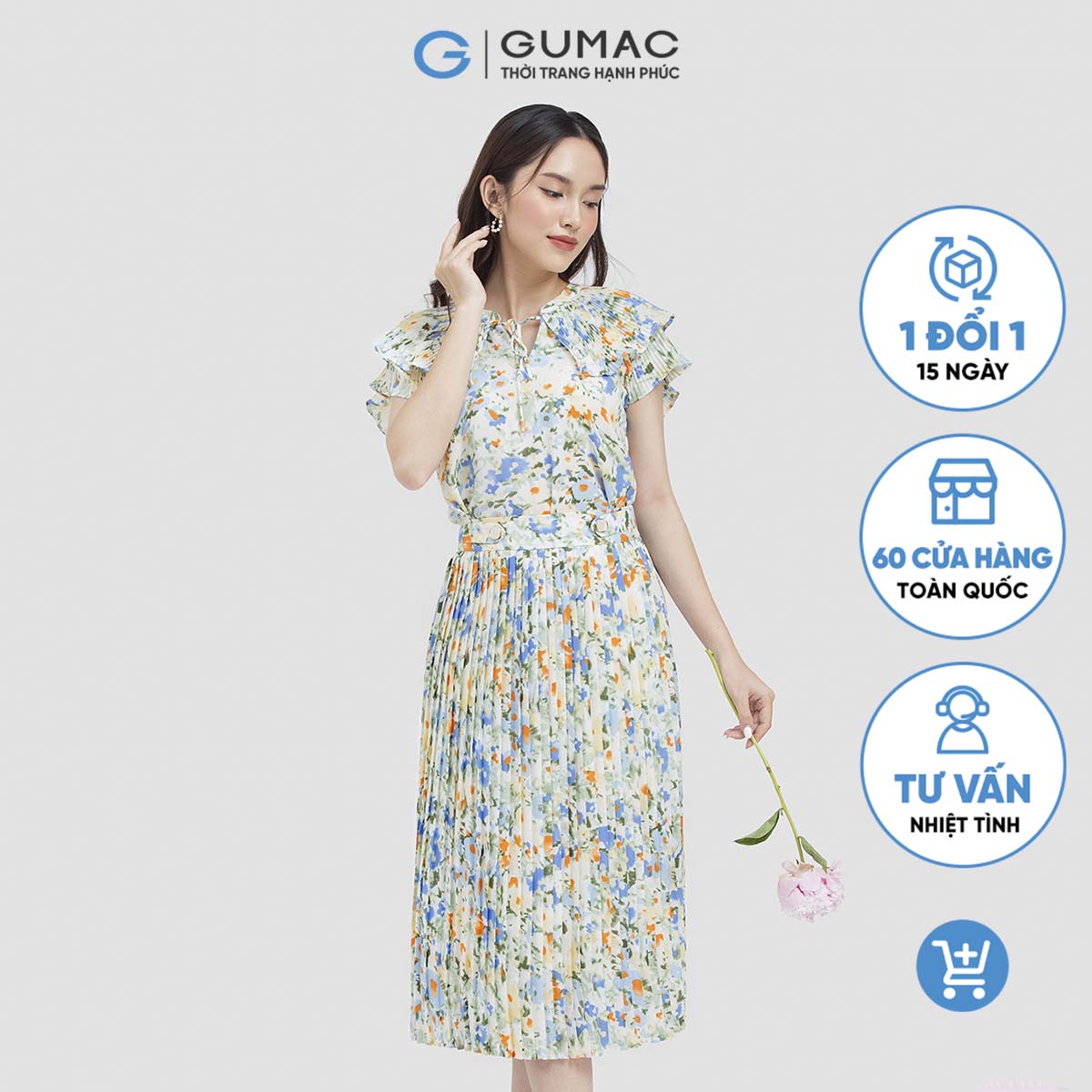 Chân váy nữ dáng xòe GUMAC VC05079 hoa dập ly