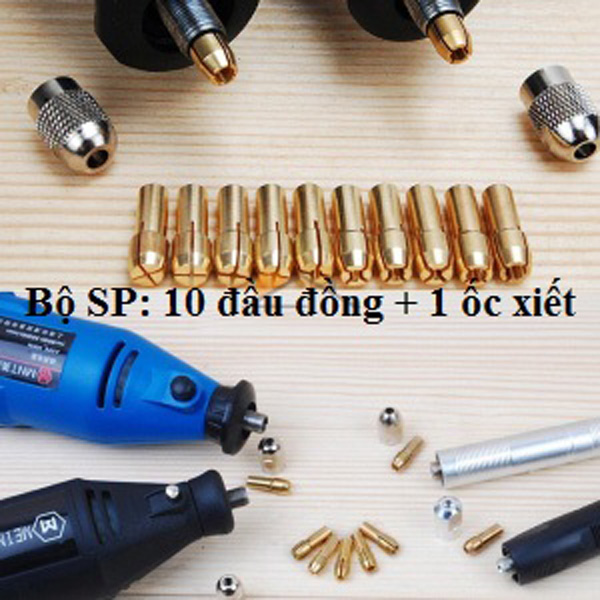 10 đầu đồng và 1 ốc xiết cho máy máy khoan mai khắc mini cầm tay