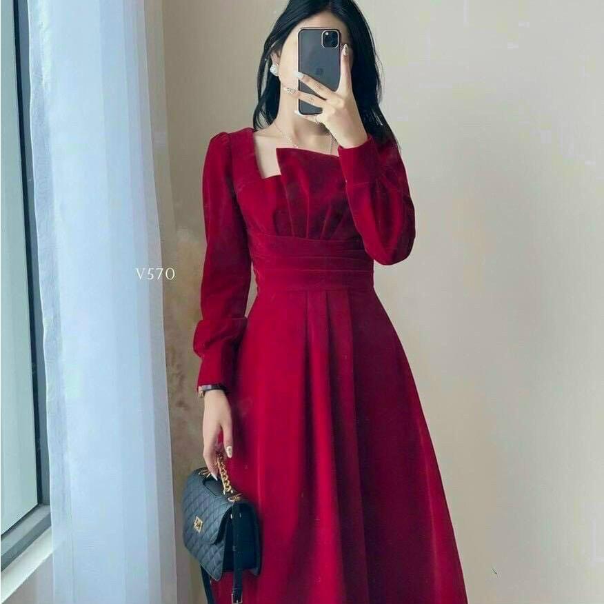 Đầm đỏ xoè tiểu thư xếp ly cách điệu tay dài