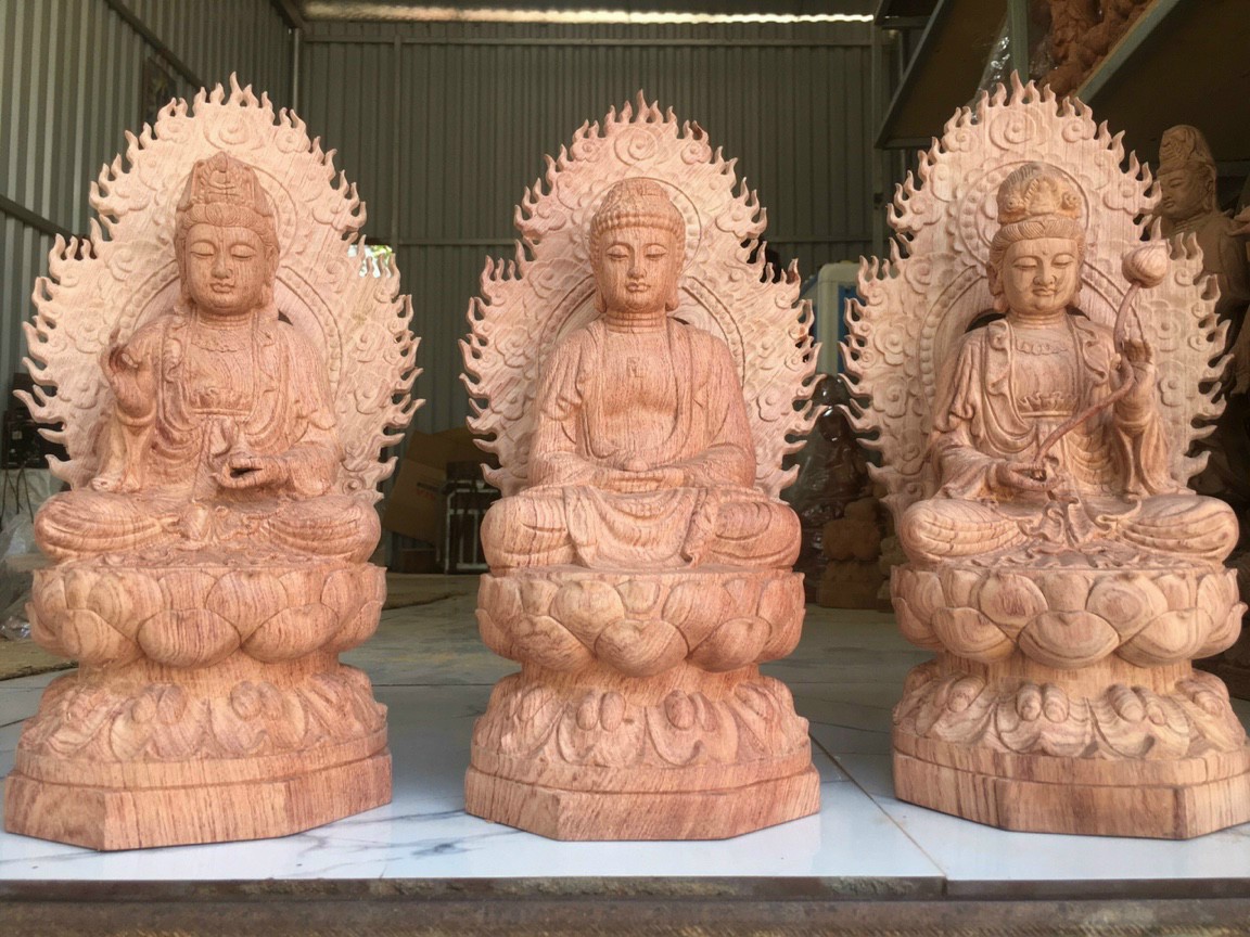 Bộ tượng phật tam thánh ngồi đài sen bằng gỗ hương kt cao 30×15×16cm