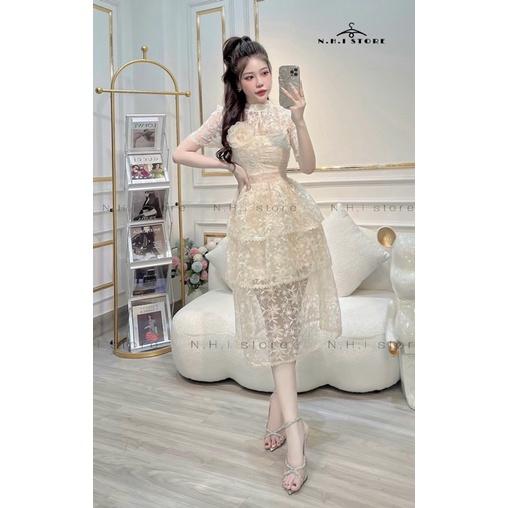 VÁY REN HOA XẾP TẦNG DÁNG DÀI - hàng thiết kế cao cấp phù hợp tiệc cưới, sự kiện mặc hằng ngày