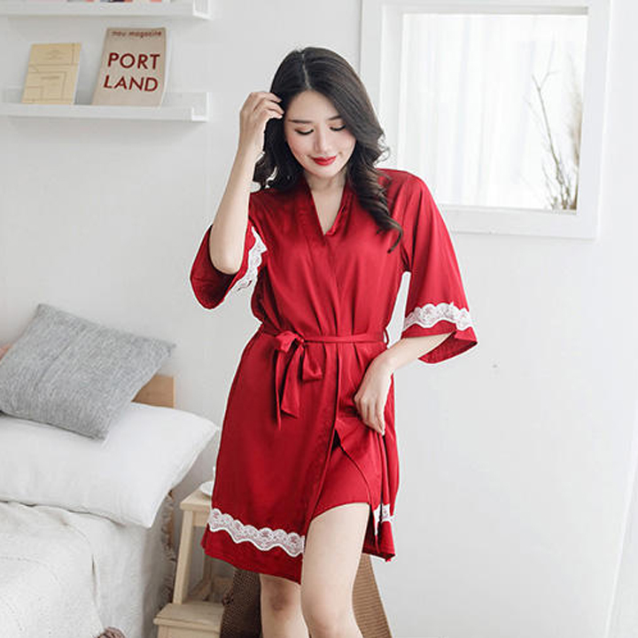 Váy ngủ lụa hai dây sexy kèm áo choàng lụa cao cấp Q138 - Set ngủ lụa áo choàng kèm váy ngủ gợi cảm - Đồ ngủ sexy