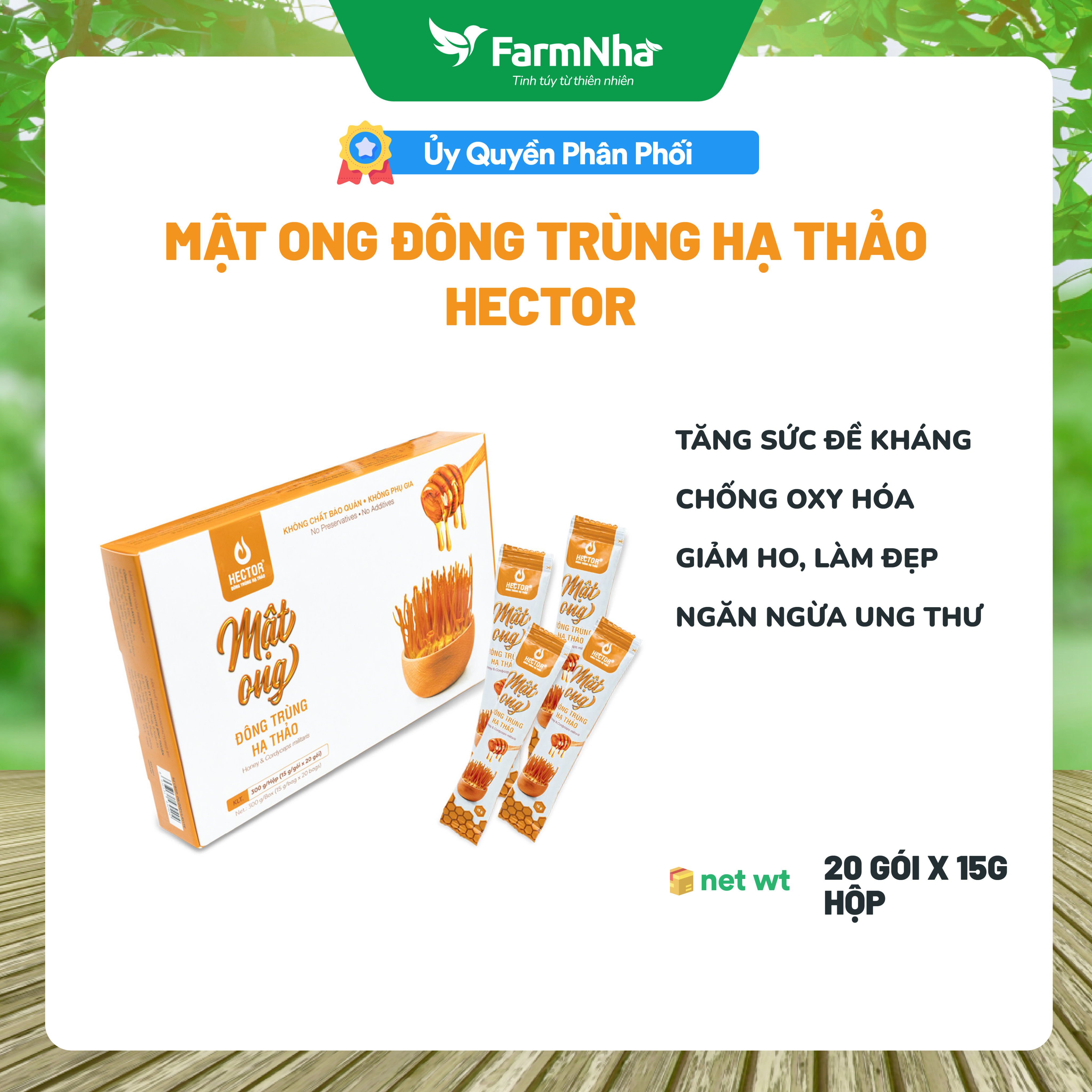 Mật Ong Đông Trùng Hạ Thảo Hector ( Hộp 20 Gói X 15g) - Tăng Cường Sức Đề Kháng, Giảm Ho, Ngăn Ngừa Ung Thư, Làm Đẹp