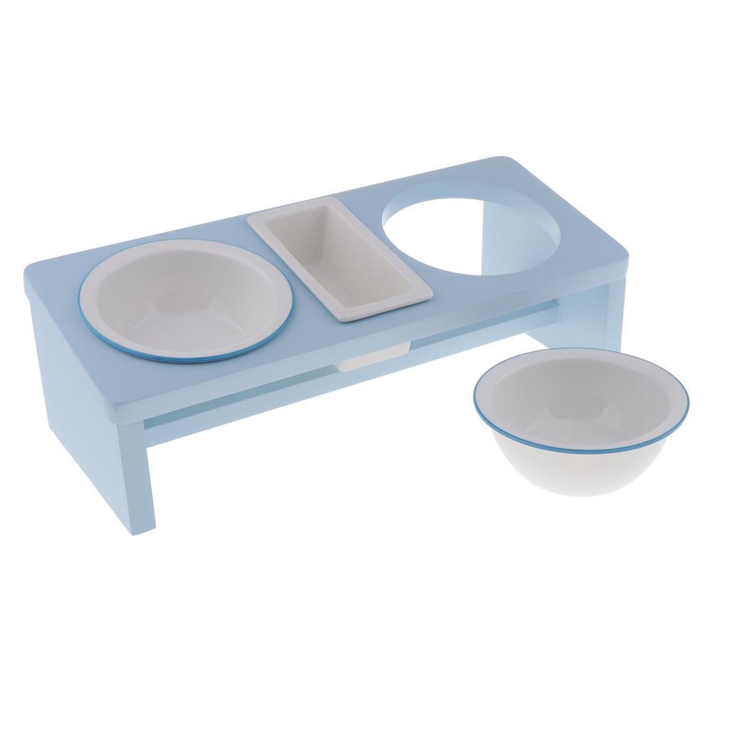 Pet Ceramic Food Water Feeding Bowl With Wooden Stand For Cat Dog Sky Blue