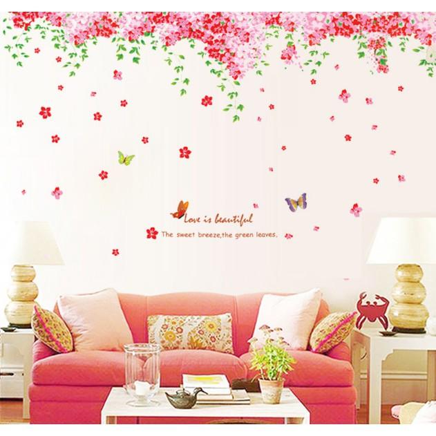 Decal trang trí tường - Dàn Hoa Bướm Hồng nhí lãng mạn