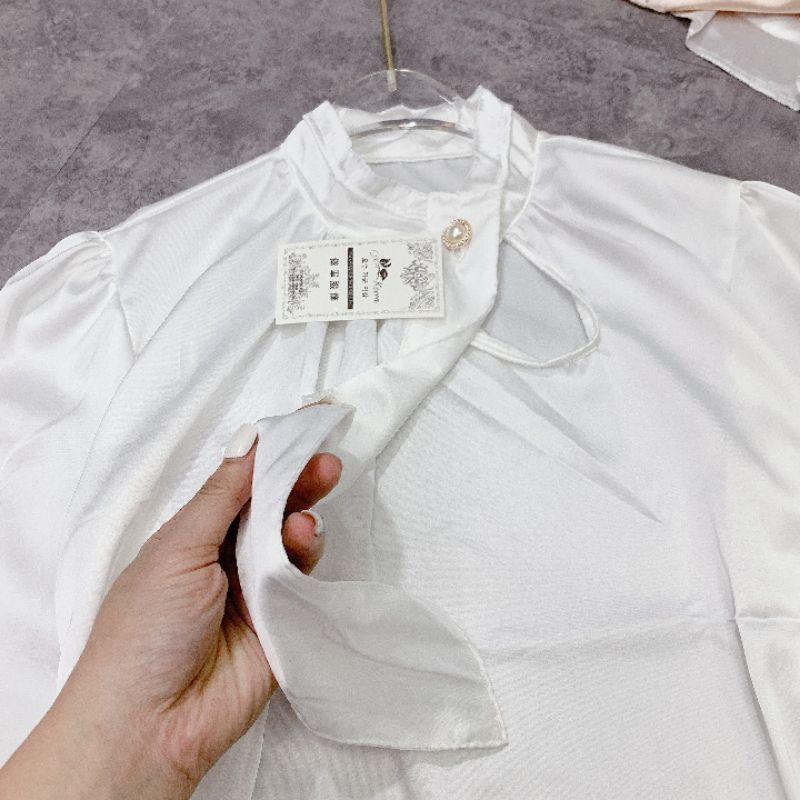 Áo Sơ Mi Nữ Trắng Cổ Đính Ngọc Dây Nơ, Áo Sơmi Trắng Văn Phòng Chất Lụa Dài Tay F007