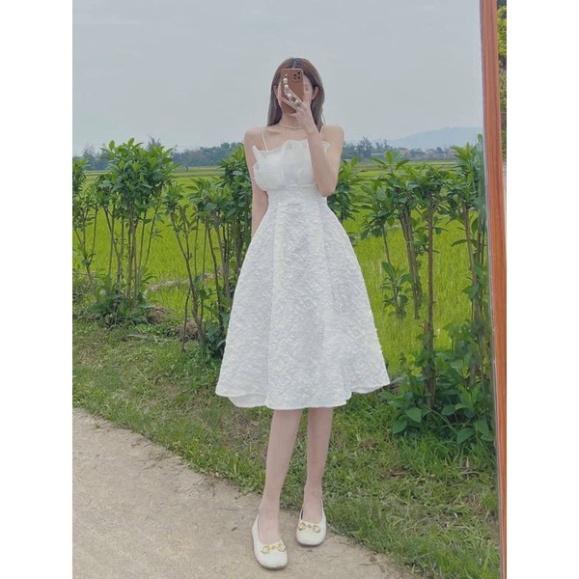 Váy Trắng dự tiệc Thiết Kế Hai Dây Ngọc Xốp Vân Nổi Prince Dress babydoll váy xinh ulzzang - Váy mầu trắng
