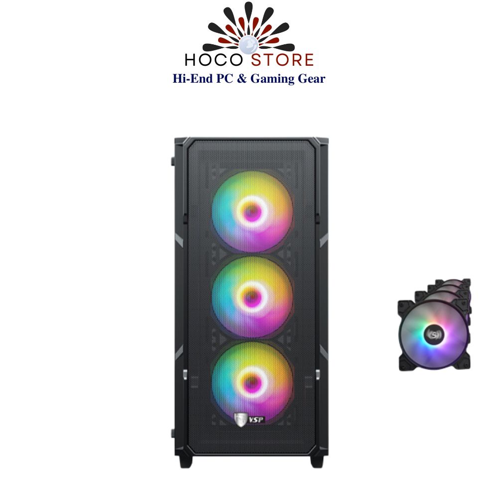 Vỏ Case Máy Tính VSP Gaming KA28 + 4 Fan Led 120mm - Case ATX, mặt trước lưới, hông kính cường lực - Hàng Chính Hãng